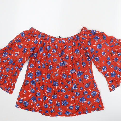 Very Womens Red Floral Cotton Basic Blouse Size 10 Boat Neck