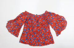 Very Womens Red Floral Cotton Basic Blouse Size 10 Boat Neck