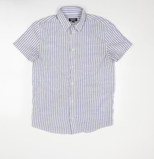 Boohoo Mens Blue Striped Polyester Button-Up Size S Collared Button