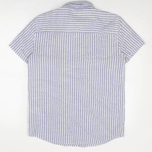 Boohoo Mens Blue Striped Polyester Button-Up Size S Collared Button