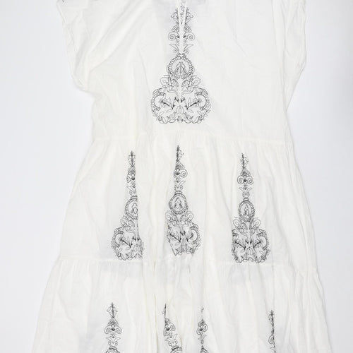 Zara Womens White Geometric Polyester Kaftan Size XL V-Neck Pullover