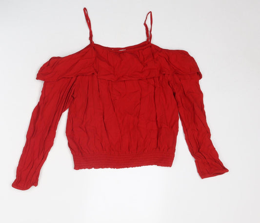 H&M Girls Red Viscose Basic Blouse Size 13 Years Round Neck Pullover - Cold Shoulder