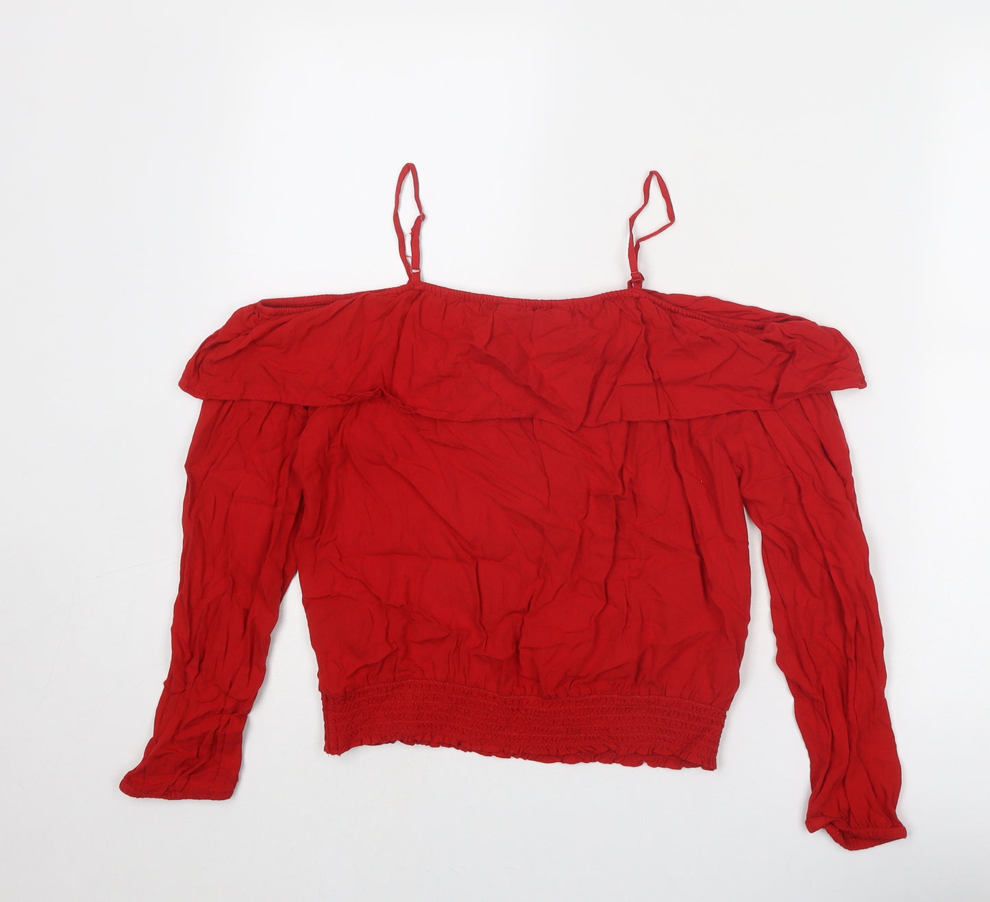 H&M Girls Red Viscose Basic Blouse Size 13 Years Round Neck Pullover - Cold Shoulder