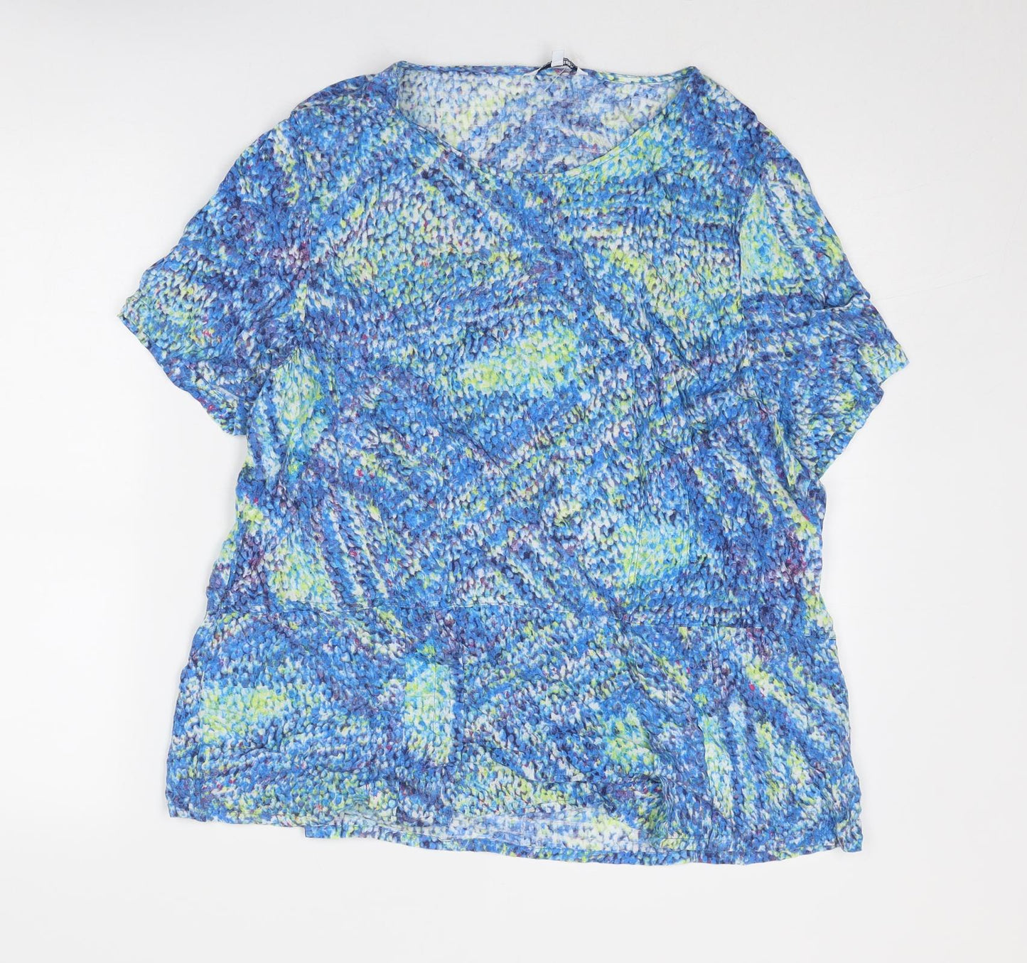 DASH Womens Blue Geometric Viscose Basic T-Shirt Size 16 Round Neck
