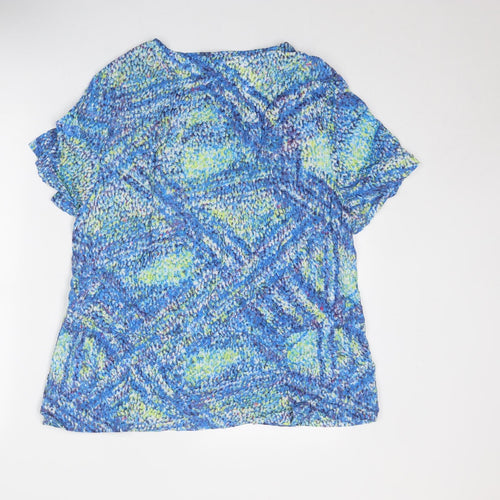 DASH Womens Blue Geometric Viscose Basic T-Shirt Size 16 Round Neck
