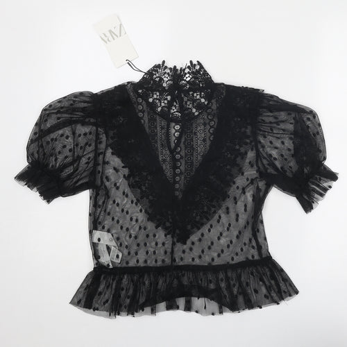 Zara Womens Black Polka Dot Polyester Basic Blouse Size S Round Neck