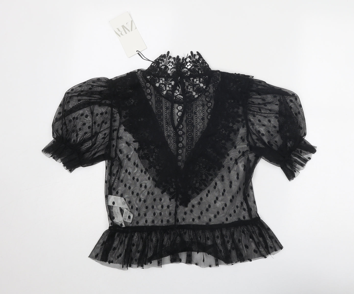 Zara Womens Black Polka Dot Polyester Basic Blouse Size S Round Neck