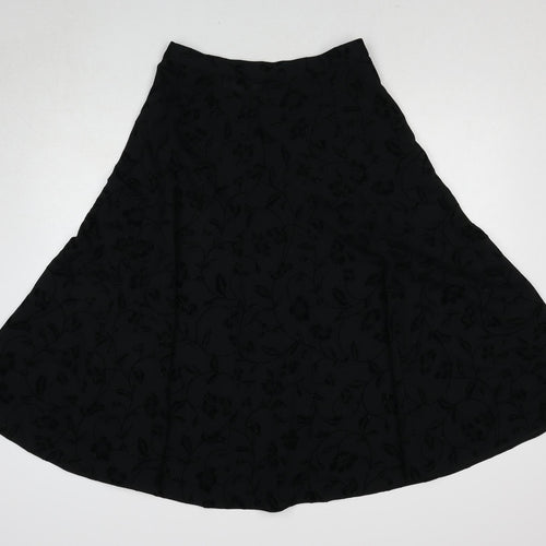 St Michael Womens Black Floral Polyester Swing Skirt Size 14 Zip