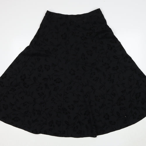 St Michael Womens Black Floral Polyester Swing Skirt Size 14 Zip