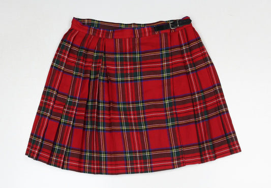 NEXT Womens Red Plaid Wool Pleated Skirt Size 12 Button