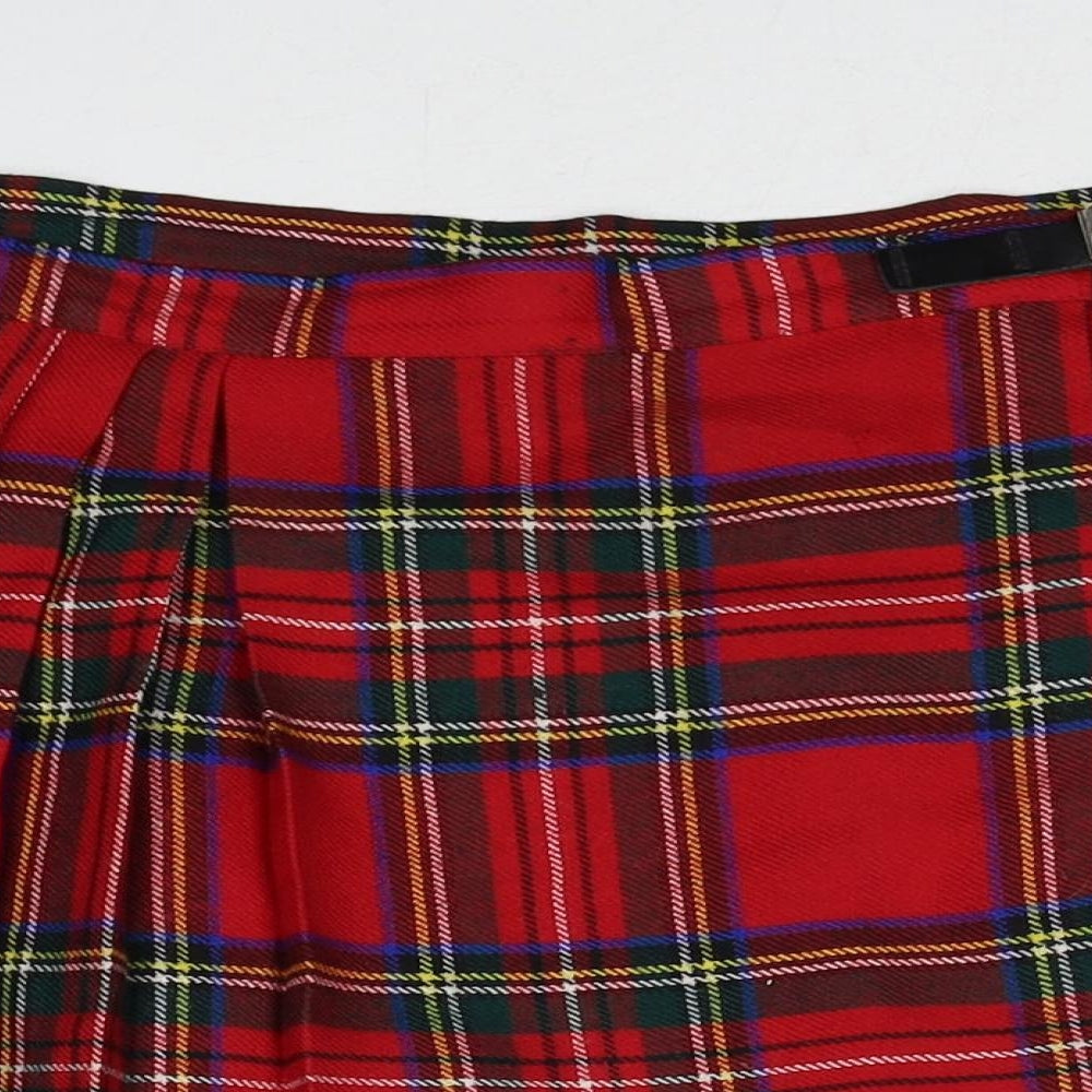 NEXT Womens Red Plaid Wool Pleated Skirt Size 12 Button