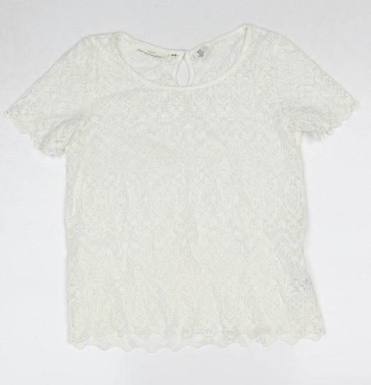 H&M Womens White Geometric Cotton Basic T-Shirt Size 12 Round Neck
