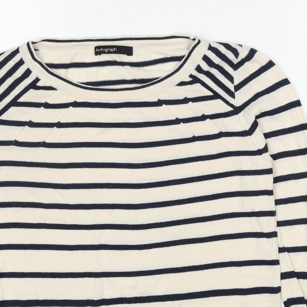 Autograph Womens Ivory Boat Neck Striped Cotton Pullover Jumper Size 8