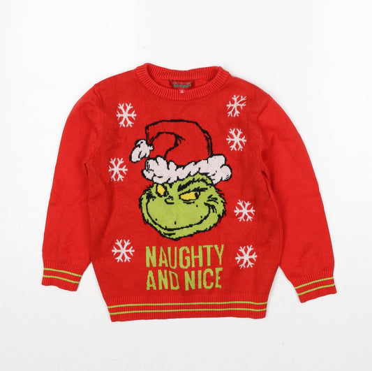 Grinchmas Boys Red Round Neck Viscose Pullover Jumper Size 8-9 Years Pullover - The Grinch Naughty And Nice