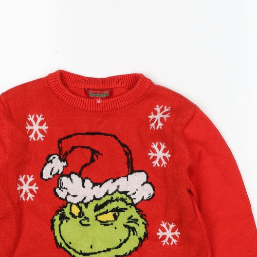 Grinchmas Boys Red Round Neck Viscose Pullover Jumper Size 8-9 Years Pullover - The Grinch Naughty And Nice