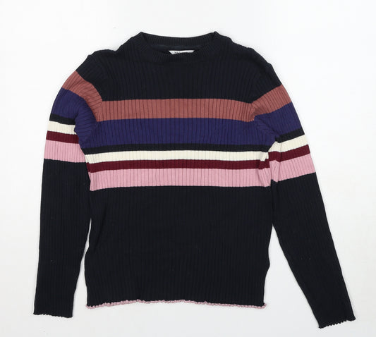 Marks and Spencer Girls Black Round Neck Striped Cotton Pullover Jumper Size 12-13 Years Pullover