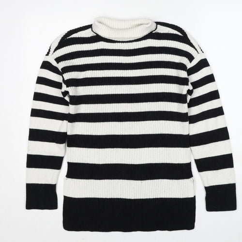 Marks and Spencer Womens Multicoloured Roll Neck Striped Cotton Pullover Jumper Size S - Side Slits