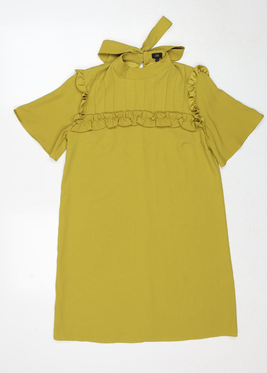 River Island Womens Yellow Polyester T-Shirt Dress Size 10 Round Neck Button