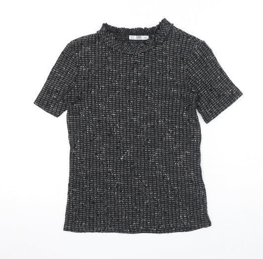 Zara Womens Black Geometric Polyester Basic T-Shirt Size S Mock Neck