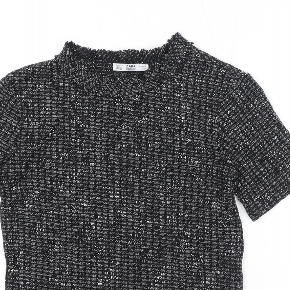 Zara Womens Black Geometric Polyester Basic T-Shirt Size S Mock Neck