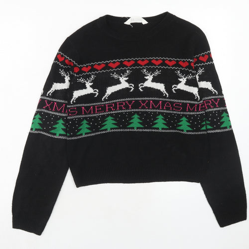 H&M Girls Black Round Neck Geometric Acrylic Pullover Jumper Size 10-11 Years Pullover - 10-12 Years Reindeer Christmas