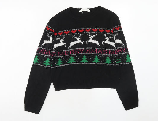 H&M Girls Black Round Neck Geometric Acrylic Pullover Jumper Size 10-11 Years Pullover - 10-12 Years Reindeer Christmas