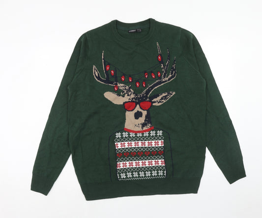 Livergy Mens Green Round Neck Acrylic Pullover Jumper Size L Long Sleeve - Christmas Reindeer
