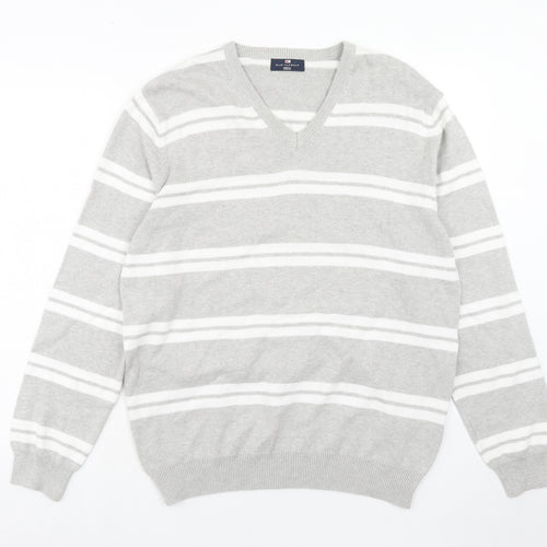 Marks and Spencer Mens Grey V-Neck Striped Cotton Pullover Jumper Size XL Long Sleeve