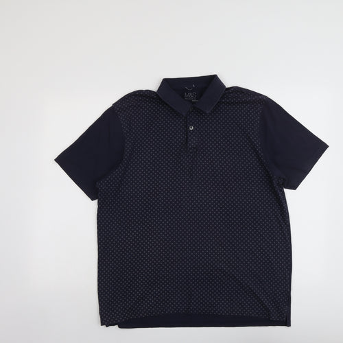 Marks and Spencer Mens Blue Geometric Cotton Polo Size L Collared Button