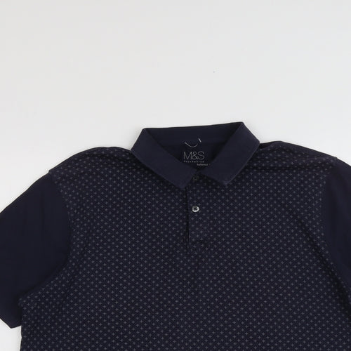 Marks and Spencer Mens Blue Geometric Cotton Polo Size L Collared Button