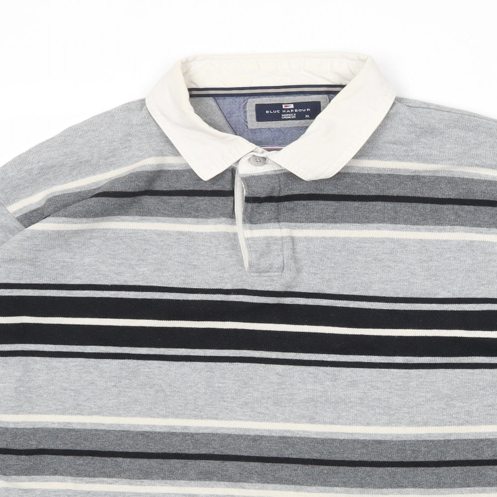 Blue Harbour Mens Grey Collared Striped Cotton Pullover Jumper Size XL 3/4 Sleeve