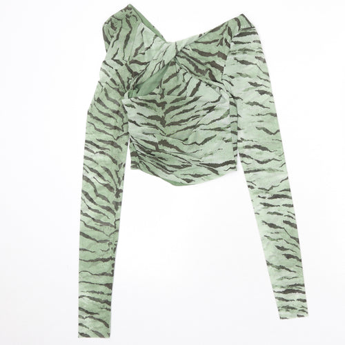 Zara Womens Green Animal Print Polyester Cropped T-Shirt Size XS V-Neck - Tiger Pattern