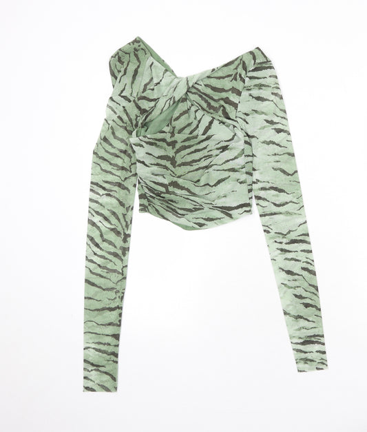 Zara Womens Green Animal Print Polyester Cropped T-Shirt Size XS V-Neck - Tiger Pattern