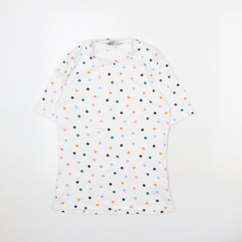 Marks and Spencer Womens White Polka Dot Cotton Basic T-Shirt Size 10 Round Neck