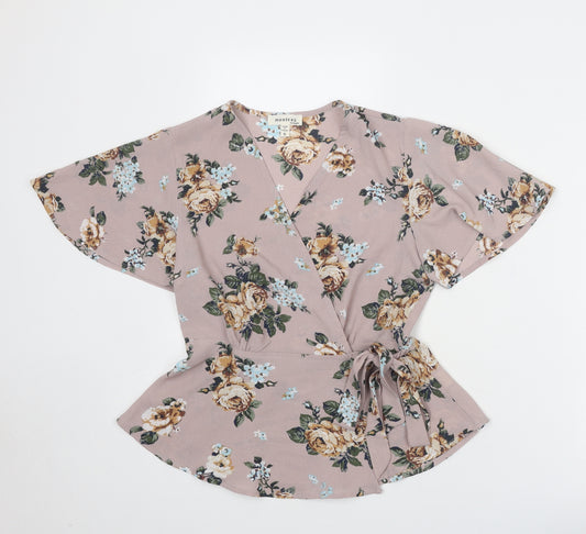 Monteau Womens Grey Floral Polyester Wrap Blouse Size S V-Neck