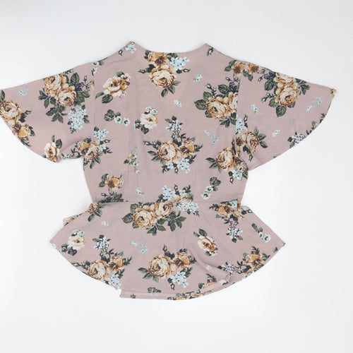 Monteau Womens Grey Floral Polyester Wrap Blouse Size S V-Neck