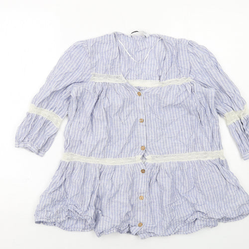 Zara Womens Blue Striped Cotton Basic Button-Up Size XS V-Neck