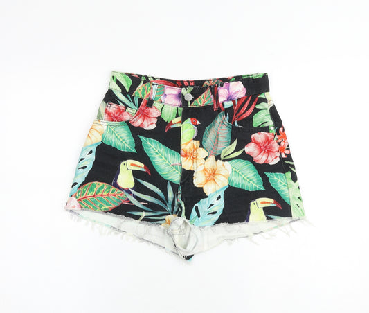 Zara Womens Multicoloured Floral 100% Cotton Cut-Off Shorts Size 10 Regular Zip