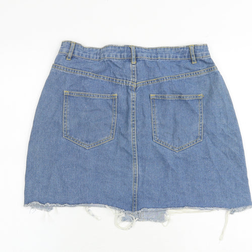 Missguided Womens Blue Cotton A-Line Skirt Size 10 Zip - Distressed Look