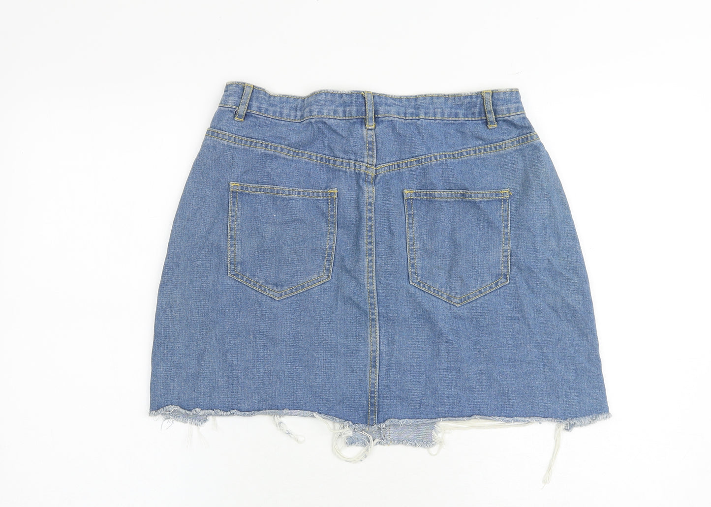 Missguided Womens Blue Cotton A-Line Skirt Size 10 Zip - Distressed Look