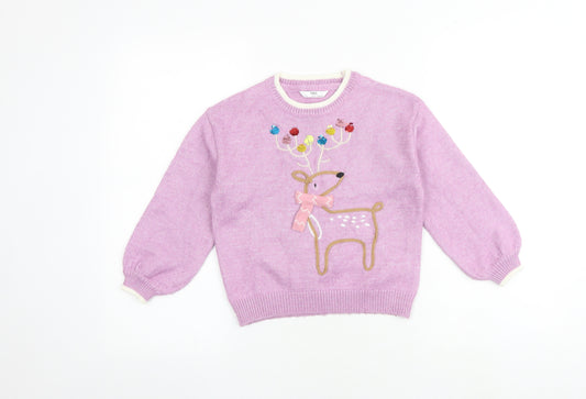 Marks and Spencer Girls Purple Round Neck Acrylic Pullover Jumper Size 6-7 Years Pullover - Reindeer Christmas