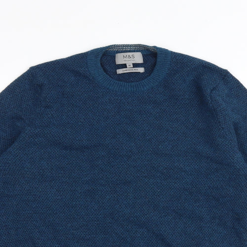 Marks and Spencer Mens Blue Round Neck Wool Pullover Jumper Size M Long Sleeve