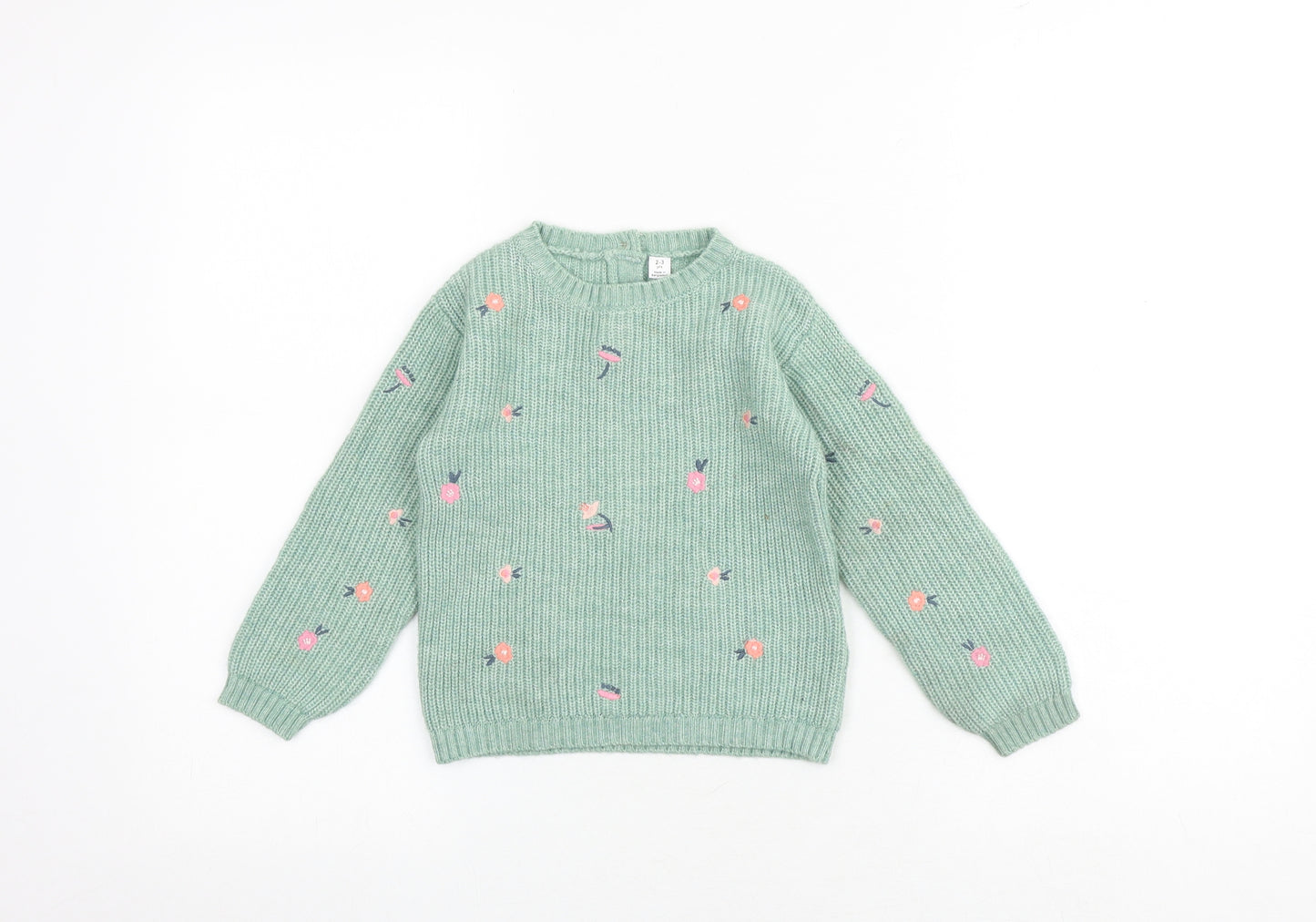 Marks and Spencer Girls Green Round Neck Floral Polyamide Pullover Jumper Size 2-3 Years Pullover
