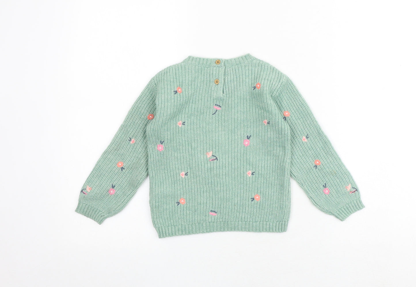Marks and Spencer Girls Green Round Neck Floral Polyamide Pullover Jumper Size 2-3 Years Pullover
