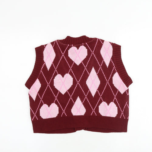 Miss Selfridge Womens Red V-Neck Geometric Acrylic Vest Jumper Size M - Heart Print