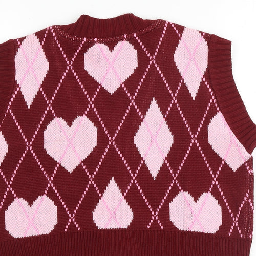 Miss Selfridge Womens Red V-Neck Geometric Acrylic Vest Jumper Size M - Heart Print