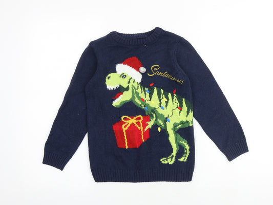 NEXT Boys Blue Round Neck Acrylic Pullover Jumper Size 7 Years Pullover - Dinosaur Christmas