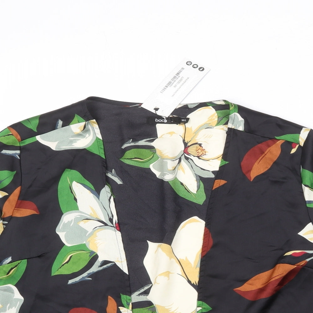 Boohoo Womens Black Floral Polyester Kimono Blouse Size M V-Neck - Size M/L