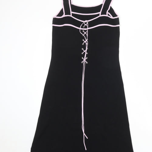 BCBGMAXAZRIA Womens Black Rayon Pinafore/Dungaree Dress Size L Round Neck Lace Up