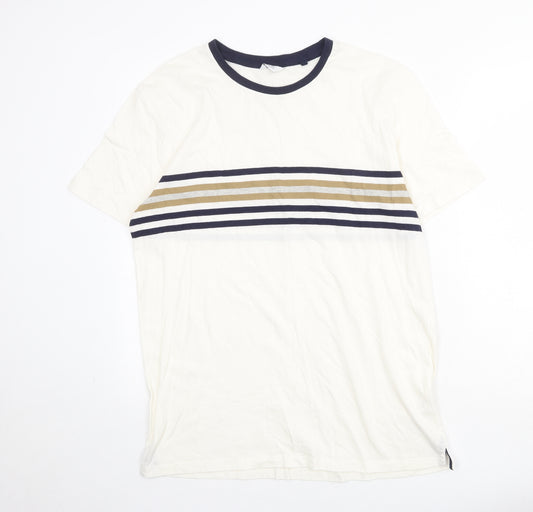 NEXT Mens Ivory Striped Cotton T-Shirt Size L Round Neck